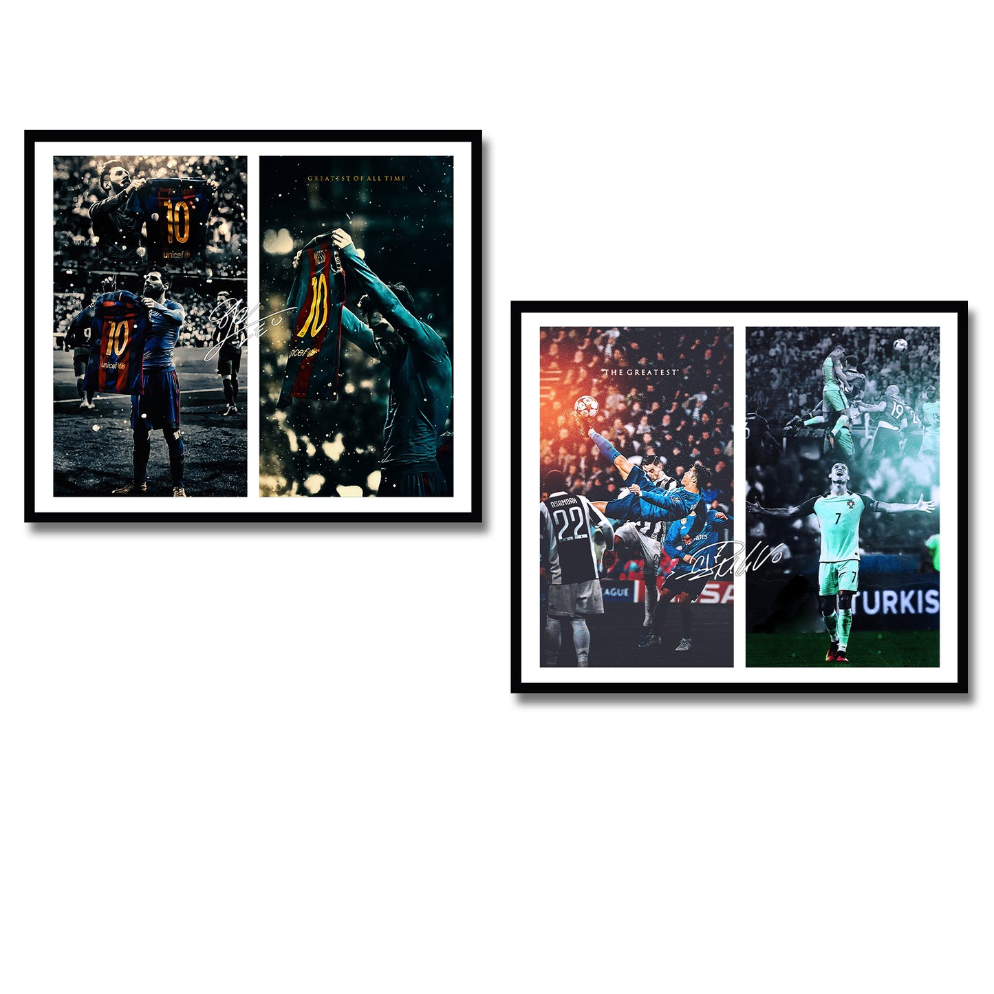 Sorventina Football Superstar Sports Decor Soccer Wall Art Print Pictures- Set of 2 with Black Wood Frame Premium Giclee Decor Great Gift for Football Fans, Boys Inspirational Poster(14x12)