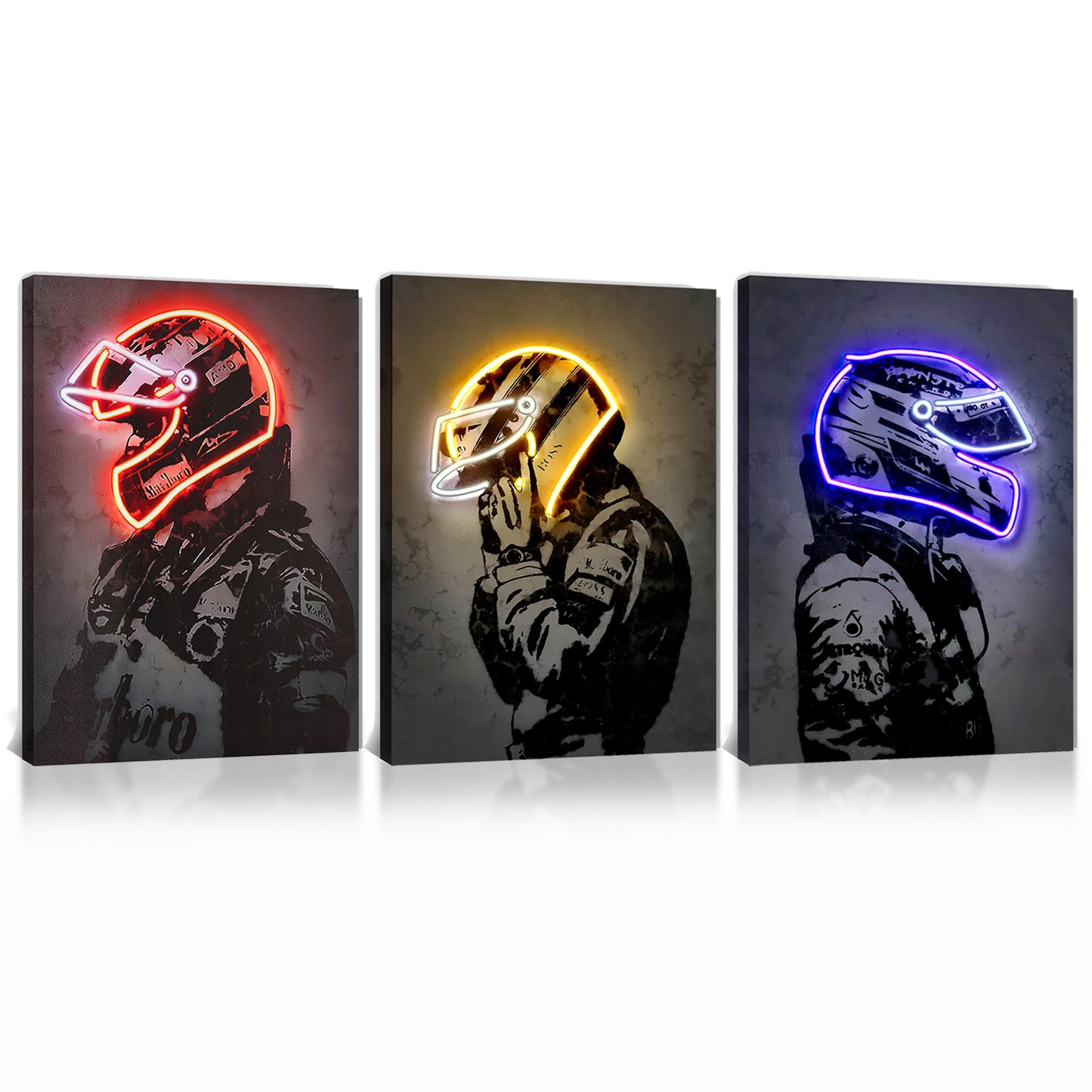 Sorventina Racing Superstar Wall Decor Canvas Prints- 3pcs Set Sports Painting Art Decor, Neon Racing Driver and Motorcycle Wall Art for Bedroom Living Room Home Decor, Wrap Framed(colorful, 12x16")