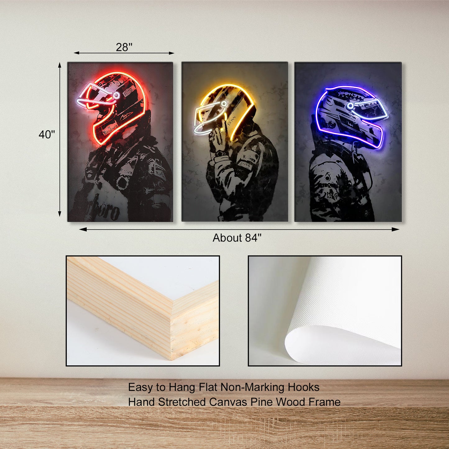 Sorventina Racing Superstar Wall Decor Canvas Prints- 3pcs Set Sports Painting Art Decor, Neon Racing Driver and Motorcycle Wall Art for Bedroom Living Room Home Decor, Wrap Framed(colorful, 12x16")