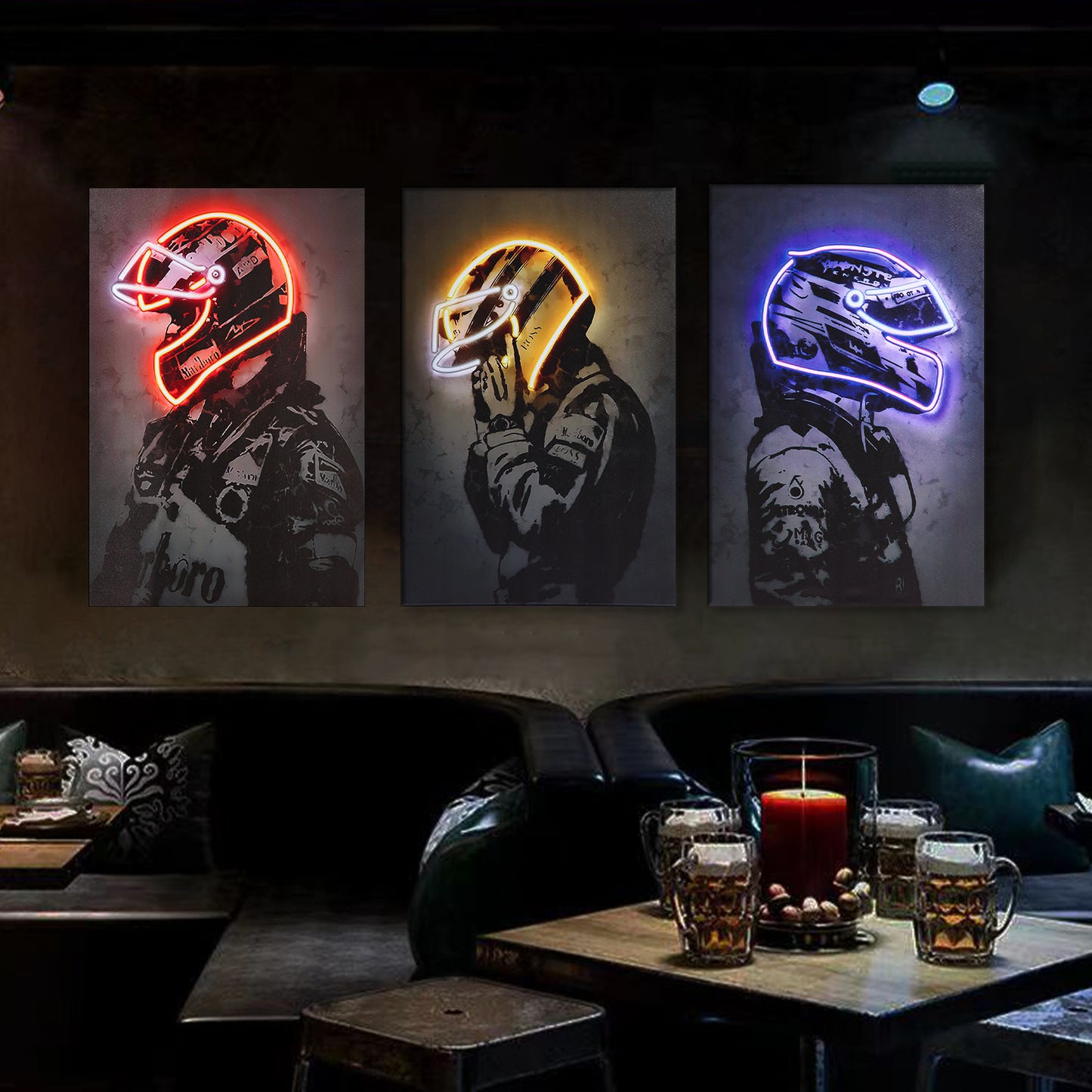 Sorventina Racing Superstar Wall Decor Canvas Prints- 3pcs Set Sports Painting Art Decor, Neon Racing Driver and Motorcycle Wall Art for Bedroom Living Room Home Decor, Wrap Framed(colorful, 12x16")