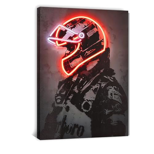 Racing Superstar Framed Canvas Prints Racer Driver Poster - Car Wall Art Sports Room Decor Neon Racing Art for Living Room Bedroom Bar Home Cool Decor Aesthetics (Red, 20x28)