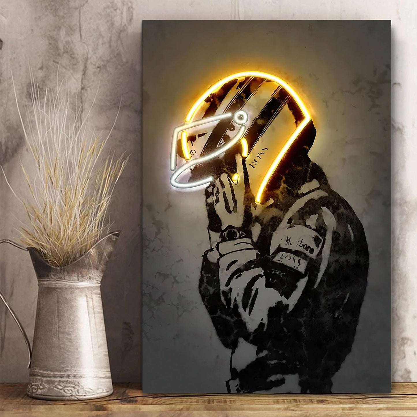 Racing Wall Decor Painting, Sports Art Decor Neon Racing Poster Motorcycle Wall Art, Framed Canvas Prints for Room, Bedroom, Bar, gamer room (Yellow, 20x28in.)