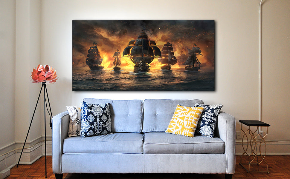 Sorventina Ghost Pirate Ship Decorations Art Prints- Pirate Wall Art, Nautical Sailboat Canvas Art Painting for Man Cave, Bar, Conquistador Poster Large Wall Art Pirate Pictures (40x20, Framed)…