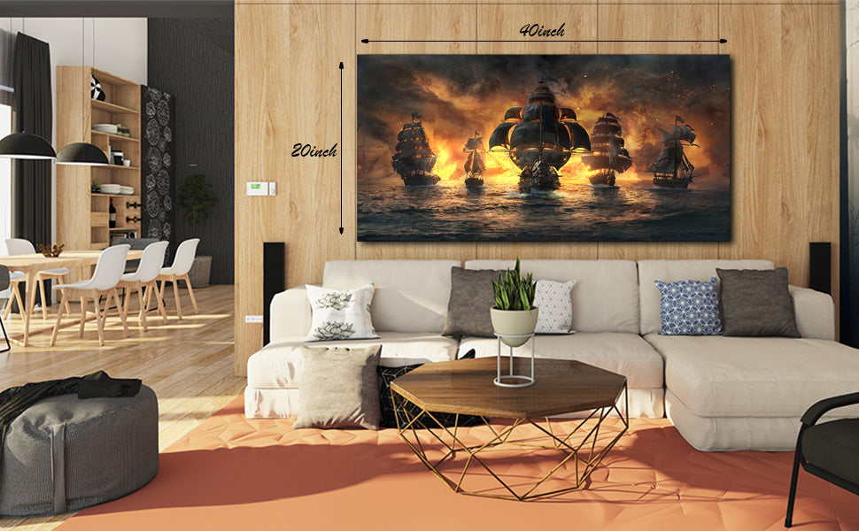 Sorventina Ghost Pirate Ship Decorations Art Prints- Pirate Wall Art, Nautical Sailboat Canvas Art Painting for Man Cave, Bar, Conquistador Poster Large Wall Art Pirate Pictures (40x20, Framed)…