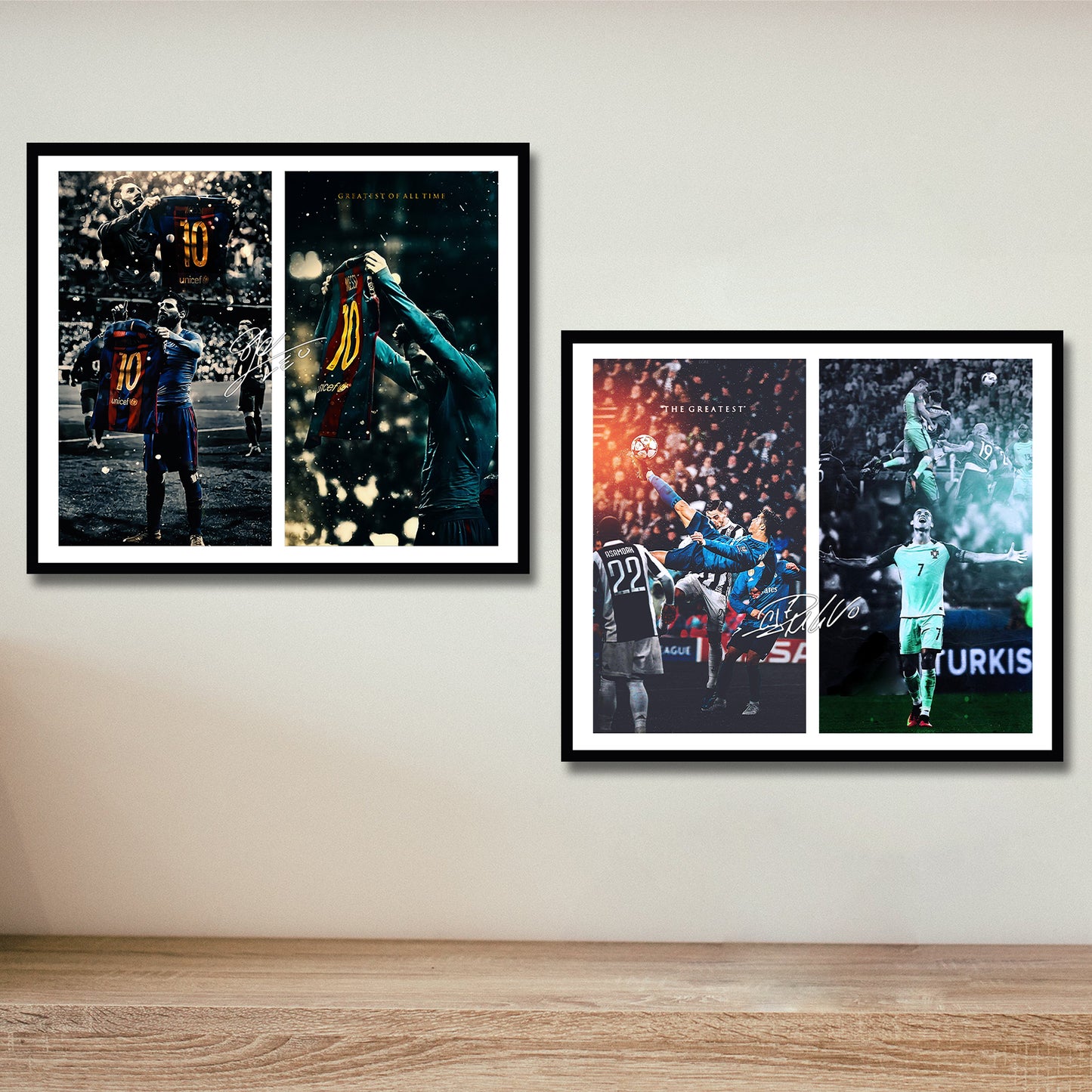 Sorventina Football Superstar Sports Decor Soccer Wall Art Print Pictures- Set of 2 with Black Wood Frame Premium Giclee Decor Great Gift for Football Fans, Boys Inspirational Poster(14x12)